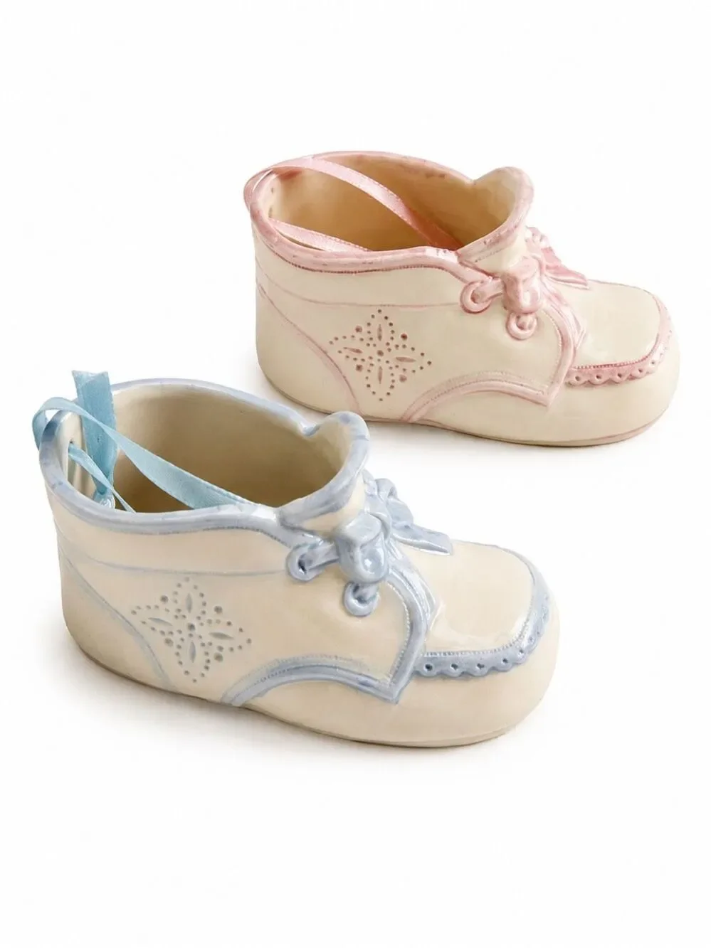 Vintage Baby Shoe Ornaments Pink Blue Porcelain Resin Nursery Keepsake Set of 2